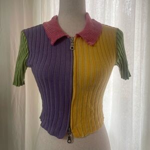 Colorblock Ribbed Zip-Front Polo Top - Purple/Yellow/Pink/Green